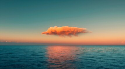 Canvas Print - orange sunset on a dark blue sea with blue sky and a single wispy cloud : Generative AI