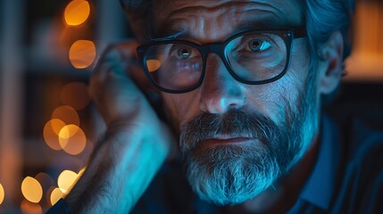 Fototapete - Mature man and computer or serious thinking planning and online vision for business review or email communication Research pc info and employee on company website internet proposal and : Generative AI