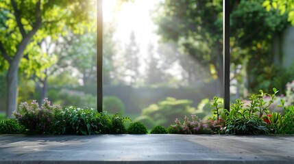 Aufkleber - abstract blurred garden view form living room window with concrete table counter background for show  promote design banner ads on display concept : Generative AI