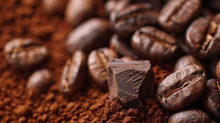 Coffee and cocoa beans and powder Chocolate and coffee background : Generative AI