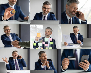 Aufkleber - A well-dressed business professional is seen engaged in various activities in a contemporary office. He is making phone calls, reviewing documents, and discussing cryptocurrency.