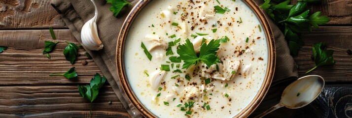 Sticker - Top view of traditional chicken soup with cream and garlic