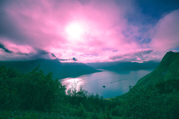 Wall Mural - Beautiful landscape with mountains and fjord during sunset. Senja Island, Norway