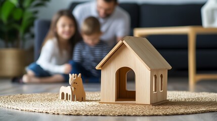 Wooden toy house and animal figurine on a rug in a living room with a blurred family in the background.