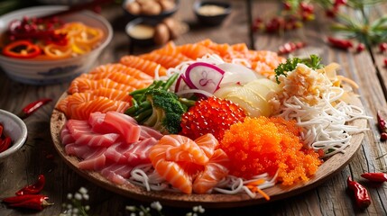 Wall Mural - chinese new year asian local Malaysia yu sheng lo hei colorful salad vegan abalone salmon sweet sauce powder platter on wood table halal asian food restaurant banquet cafe menu : Generative AI