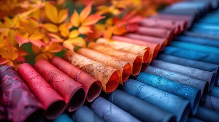 Colorful rolls of paper arranged in vibrant gradients with autumn leaves in a creative display