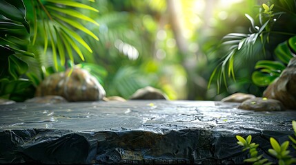 Poster - Stone table top in jungle forest with blur palm tree Natural tropical scene for organic product placement podium background : Generative AI