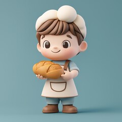 A cartoon boy is holding a loaf of bread