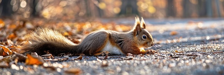 Canvas Print - Adorable fluffy brown squirrel stretching on the ground