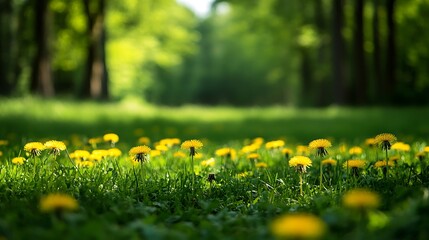 Wall Mural - Yellow dandelions in a field of green grass, with a blurred background of trees.