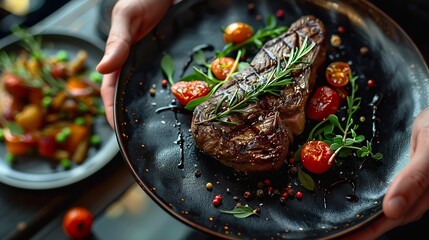 Poster - meal meat food fine cuisine beef elegant black modern restaurant table top view decoration chef gourmet dinner tasty delicious diet : Generative AI