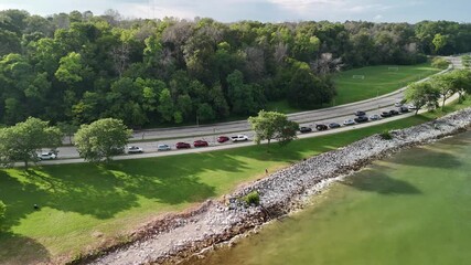 Poster - Aerial view of Bradford Beach in Milwaukee at sunset, Wisconsin