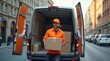 © Andrew505 - Efficient Courier Delivery Service: Professional Driver Unloading Packages from Orange Van in Urban Street Scene