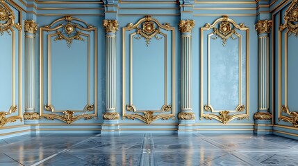 Poster - Luxury room interior with golden molding decor and blue wall in vintage style Classical architecture background mockup : Generative AI