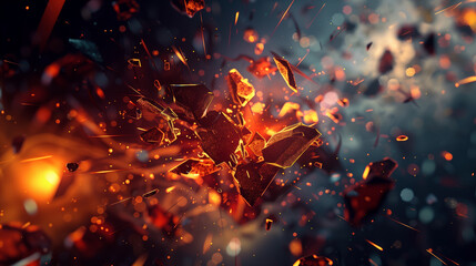 Aufkleber - a 3D abstract scene where a solid object is breaking apart into fragments, with shards flying outward in all directions, background, wallpaper 