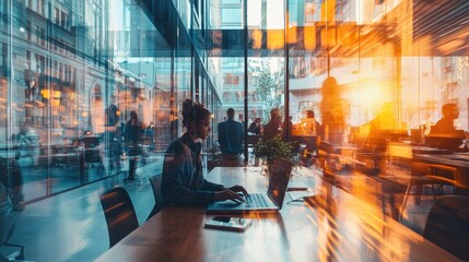 Wall Mural - Blurred Reflection of a Person Working in a Modern Office