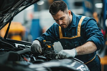 Wall Mural - Auto mechanic working on car broken engine in mechanics service or garage. Transport maintenance wrench detial