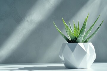 Wall Mural - On a wooden table facing a white wall is a small snake plant (Sansevieria).