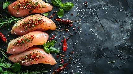 Poster - Fresh chicken fillet on a dark concrete table with spices and herbs Preparation for cooking meat dishes : Generative AI