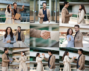 Leinwandbilder - Two business partners are engaged in various activities on a rooftop terrace, exchanging ideas and shaking hands. They appear animated and enthusiastic as they discuss their project.