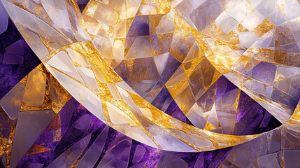 Abstract artwork featuring shimmering purple and gold geometric shapes with a translucent quality