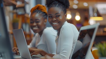 Aufkleber - Two happy African American businesswomen using laptops with smiling female consultant Expressing joy surprise Working together Online business concept in finance marketing : Generative AI