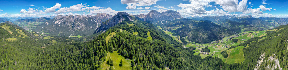 Wall Mural - Odle and Cross Monte Croce from Crusc da Rit Aerial view of the Dolomites mountain landscape in Trentino, South Tyrol in Northern Italy.