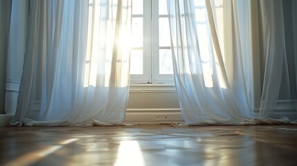 Aufkleber - Backlit window with white curtains in empty room : Generative AI