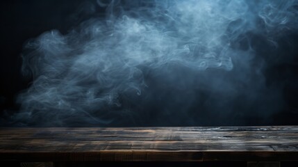Poster - On a black background an empty wooden table with smoke floats up Empty space for displaying your products with a smoke float up on a dark background Space available for displaying your : Generative AI