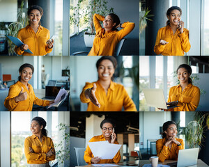 Aufkleber - A professional black woman is seen actively participating in multiple tasks within a contemporary office environment. She is smiling while on the phone, reviewing documents