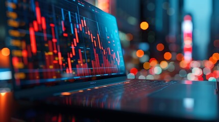 Fototapete - A laptop with double exposure of financial graphs symbolizing market analysis on a blurred office background concept of business analytics : Generative AI