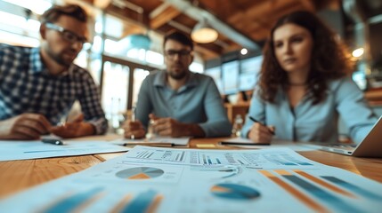 Fototapete - Office conversation and business people in meeting cooperation and planning with review for funding proposal Accounting broker or employees with financial advice feedback and trading p : Generative AI