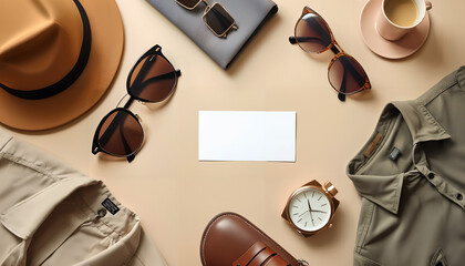 man clothes accessory, above view , empty paper on the center for mockup