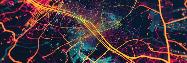 Aufkleber - Colorful abstract lines and routes crisscross a stylized map, symbolizing connectivity and direction for logistics and navigation. Generative AI