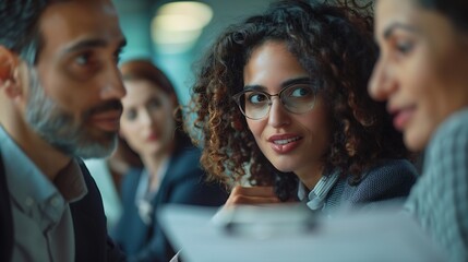 Poster - Three business people huddling and discussing a document in an office Group of business professionals contributing their ideas and expertise as they collaborate on a project for their  : Generative AI