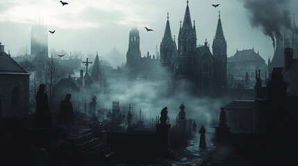 A foggy evening in a Gothic city with spires and silhouettes, bats flying under a cloudy sky