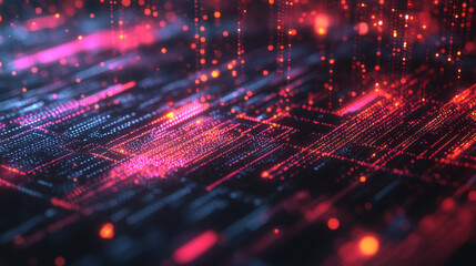 Poster - Abstract digital landscape with vibrant pink and blue light patterns in a futuristic design