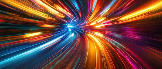 Wall Mural - Tunnel filled with abstract long exposure light trails representing dynamic speed and energetic motion in vivid hues creating a striking visual effect