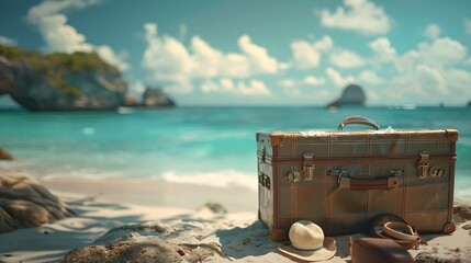 Wall Mural - Flying open suitcase with accessories and beach in the background summer vacations and travel concept : Generative AI