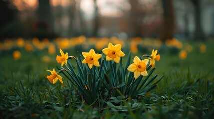 Sticker - Blooming Daffodils in public park of Glasgow Scotland during springtime : Generative AI