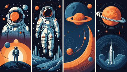 set illustrations astronaute cosmonaute espace galaxie voyage découverte mars lune saturne jupiter.