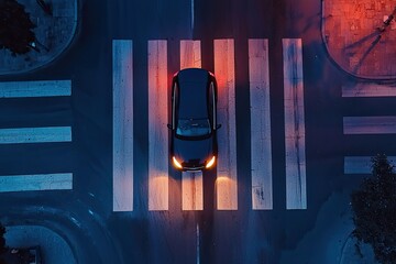 Wall Mural - aerial view of a car with its headlights on, driving over a pedestrian crossing at night