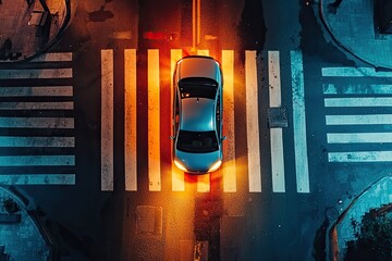 Wall Mural - aerial view of a car with its headlights on, driving over a pedestrian crossing at night