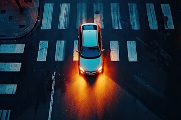 Wall Mural - aerial view of a car with its headlights on, driving over a pedestrian crossing at night