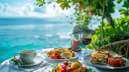 Luxury breakfast food on white table with beautiful tropical sea view background morning time summer holiday and romantic vacation concept luxury travel and lifestyle : Generative AI