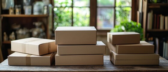 Aufkleber - Cardboard boxes on a table ready for shipping