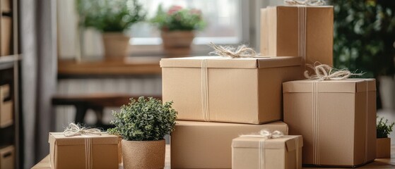Aufkleber - Cardboard boxes on a table ready for shipping