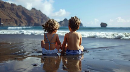 Siblings playing on beach sitting in wet sand Rear view of girl and boy in swimsuits on sandy beach of Canary islands Concept of family beach summer vacation with kids : Generative AI