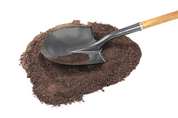 Wall Mural - Metal shovel with wooden handle and pile of soil isolated on white