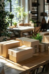 Aufkleber - Cardboard boxes on a table ready for shipping